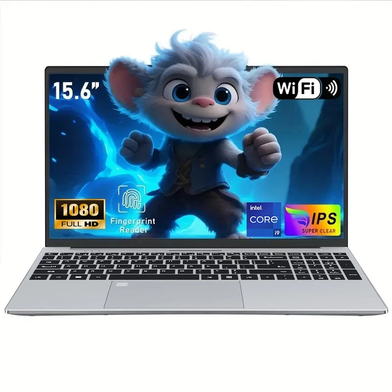 Silver 15.6-inch laptop with a crisp Full HD IPS display, Core i9 processor, and built-in fingerprint reader.