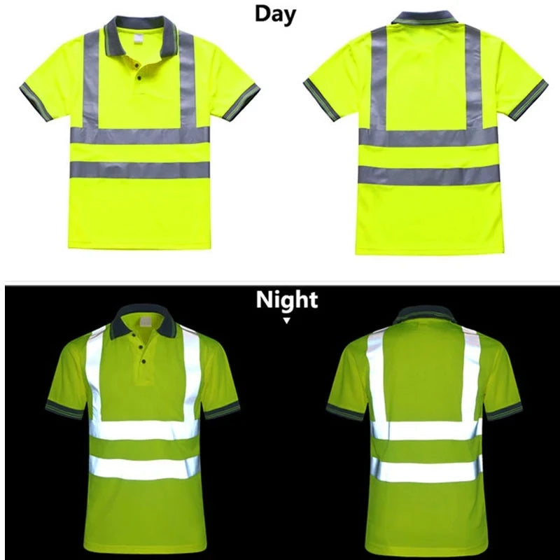 Men’s hi-vis yellow polo shirt with reflective tape and grey collar, shown in day and night lighting conditions.