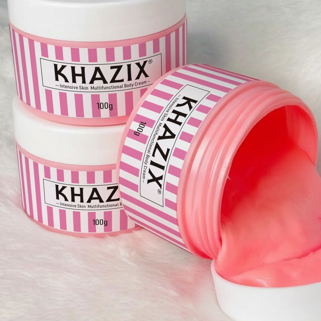 Three 100g jars of pink intensive multifunctional body cream with white striped labels on a soft white background.