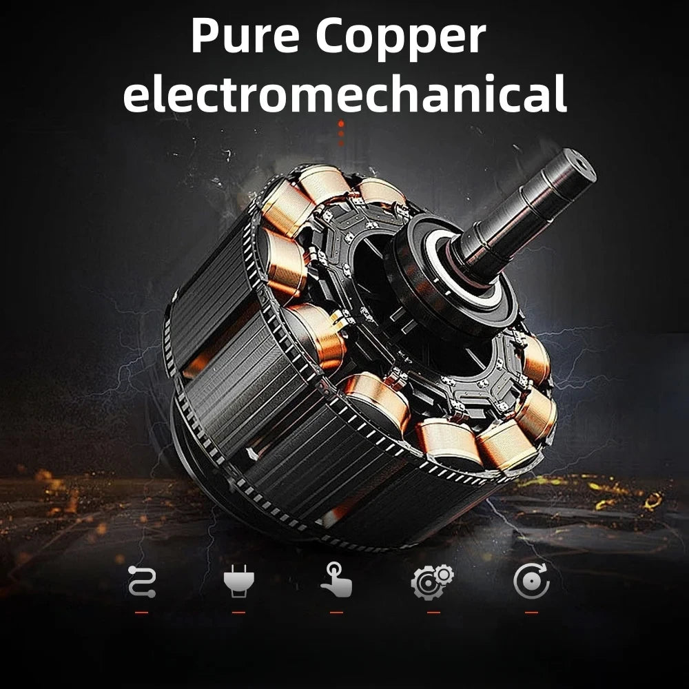 Electric motor featuring a black housing with visible copper wire coils and a central steel shaft.
