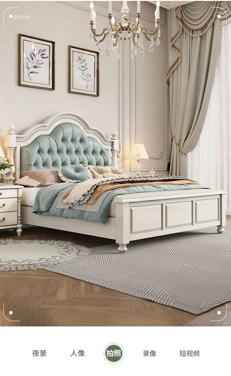 Cream-coloured double bed frame with a button-tufted, sage green upholstered arched headboard.