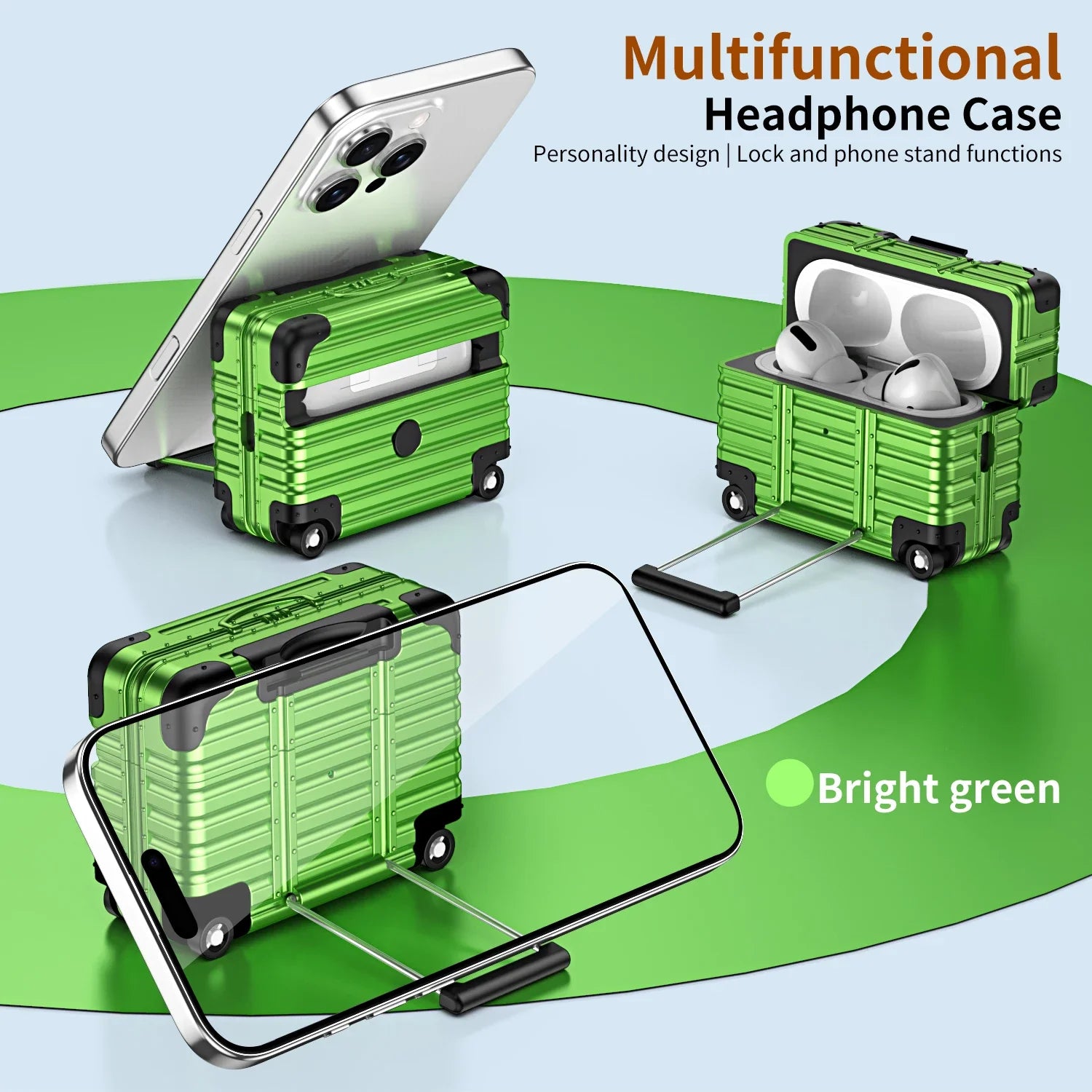 Bright green suitcase-style AirPod Pro case with phone stand and luggage design, featuring metallic finish.