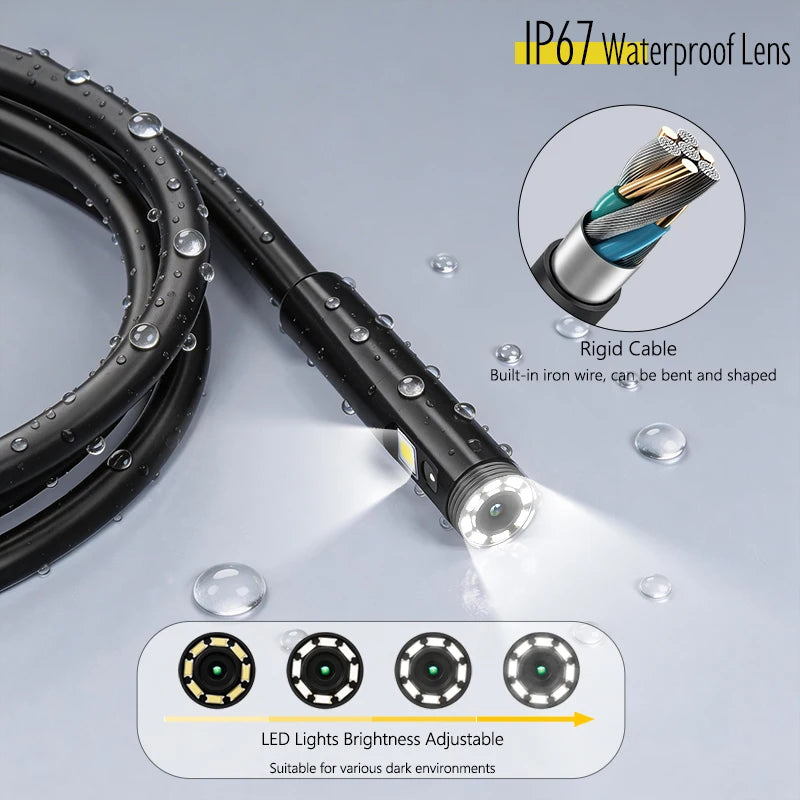 Black waterproof endoscope camera with a flexible, rigid cable and adjustable LED ring light for dark areas.