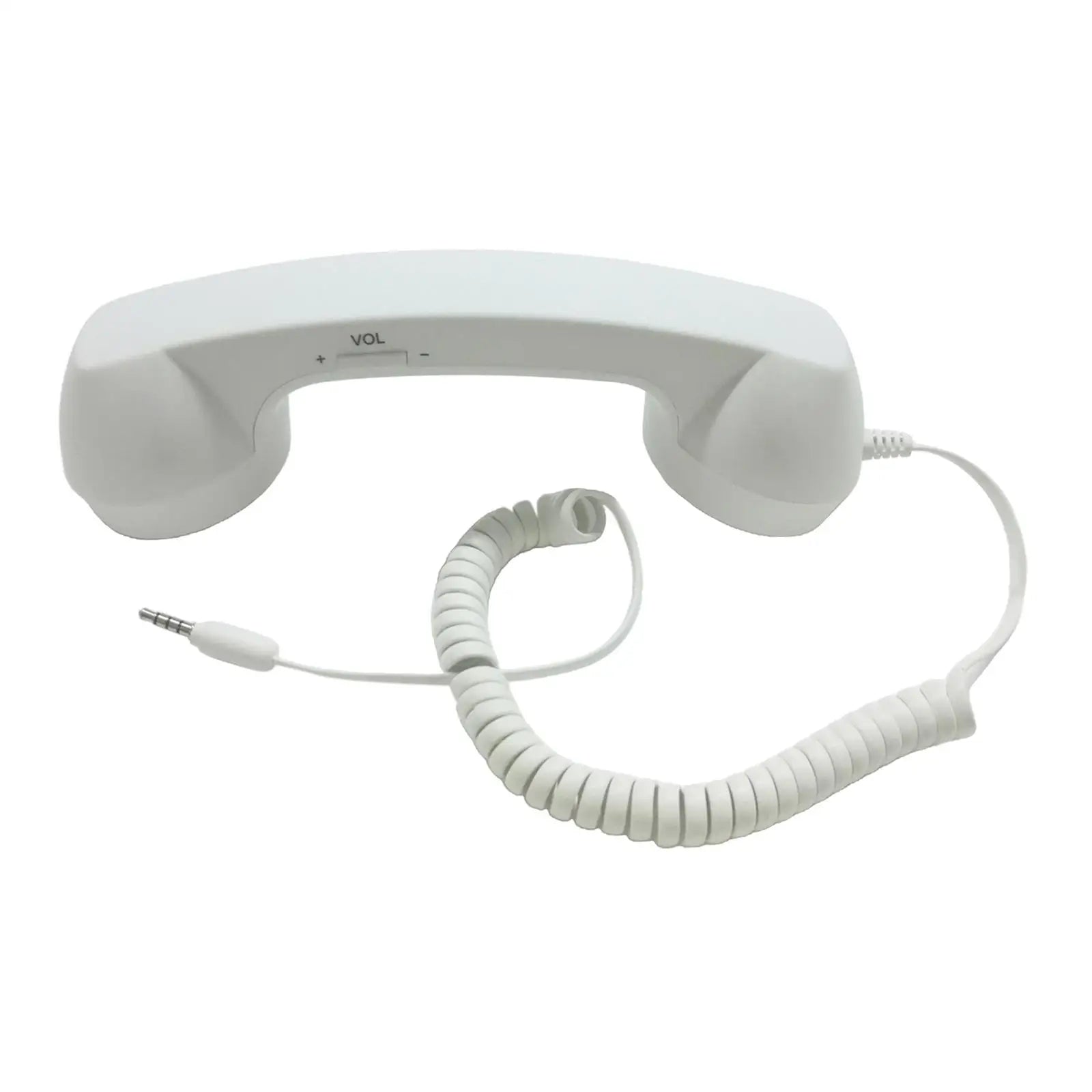 Retro-style white telephone handset with a coiled cord, 3.5mm jack, and built-in volume control buttons.