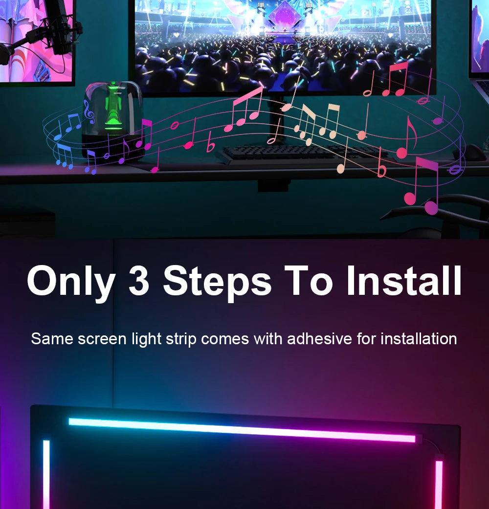 Smart LED light strip on a monitor showing vibrant blue and pink ambient lighting with music synchronisation effects.