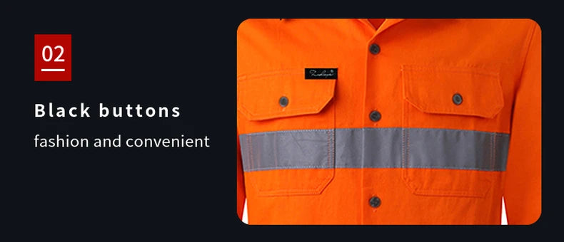 Close-up of a high-visibility orange work shirt with reflective strips, two chest pockets, and black button fastenings.