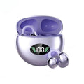 Purple wireless earbuds with a metallic, open-ear clip design, sitting in a charging case with a digital display.
