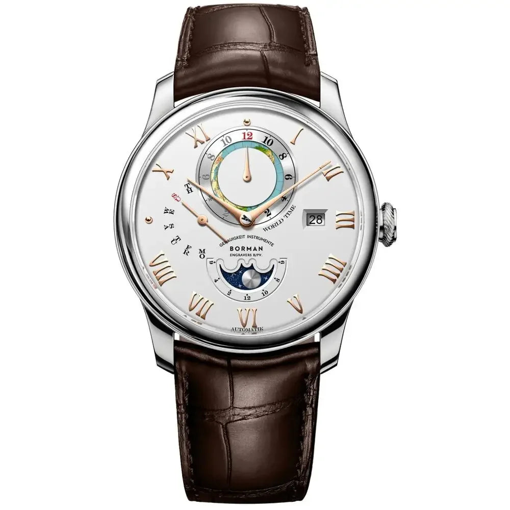 Men’s automatic mechanical watch with a silver dial, rose gold Roman numerals, moon phase, world timer and brown strap.