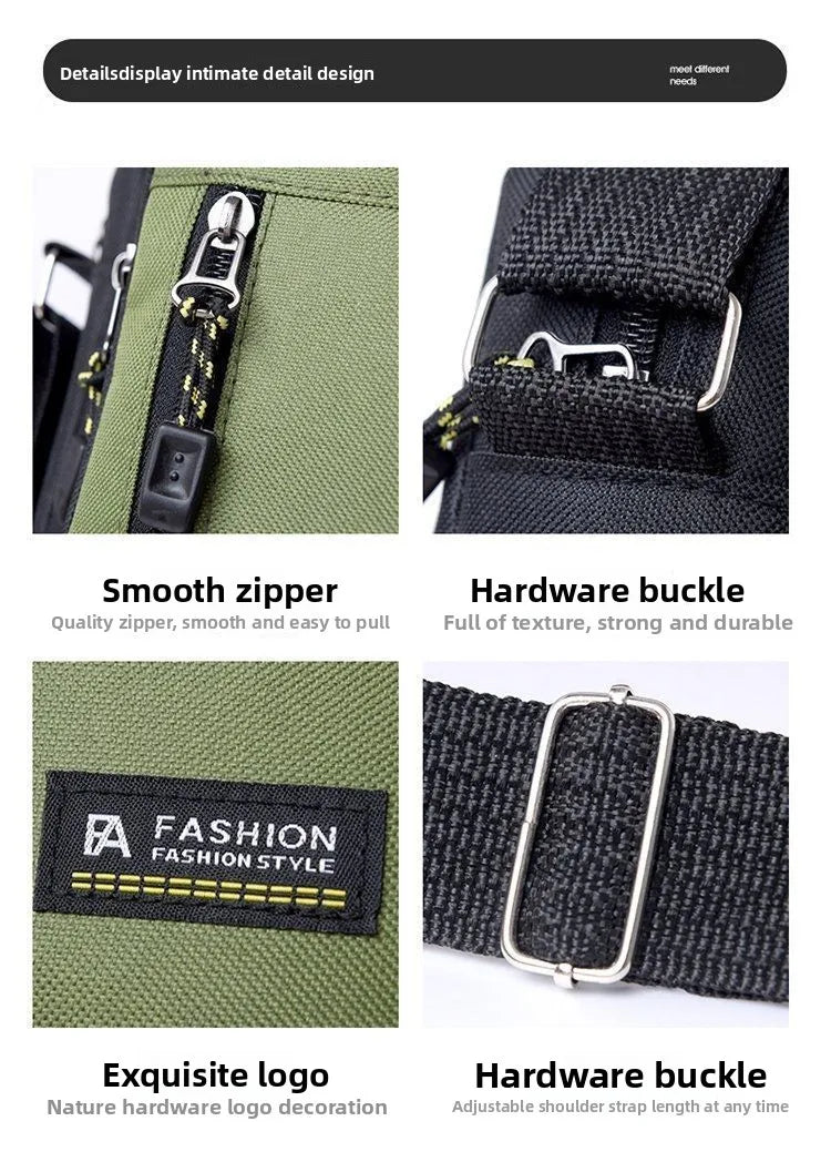 Olive green and black men’s crossbody bag featuring durable zips, sturdy metal buckles and an adjustable strap.