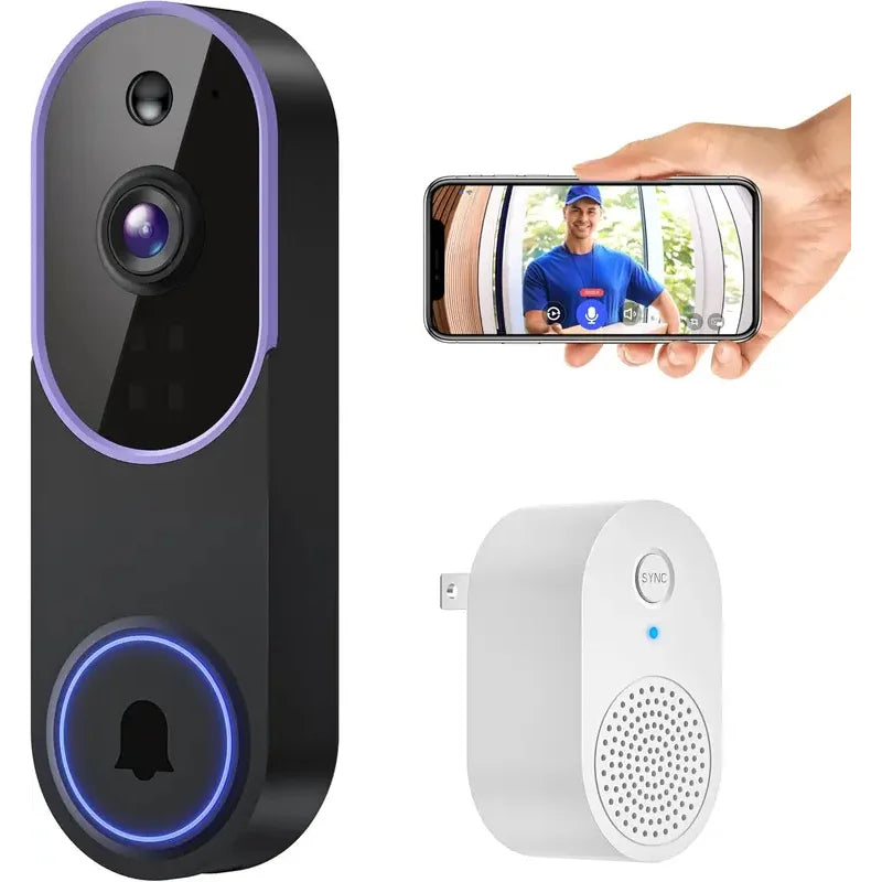 Smart black wireless video doorbell with blue LED ring, matching white indoor chime, and smartphone live-feed display.