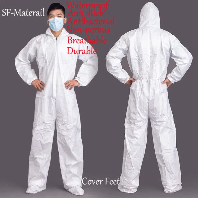 A person wearing a front and back view of a white, hooded protective coverall with foot coverings.