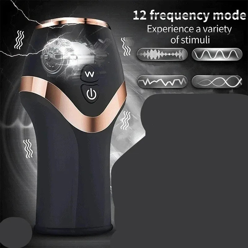 Black and rose gold automatic masturbation cup with two control buttons and 12 vibration modes illustrated.