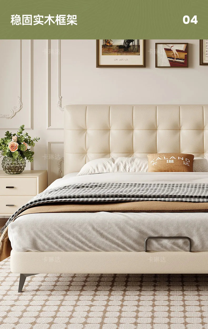 Minimalist cream wooden storage bed frame with a tufted headboard and sleek, sturdy frame in a contemporary bedroom.