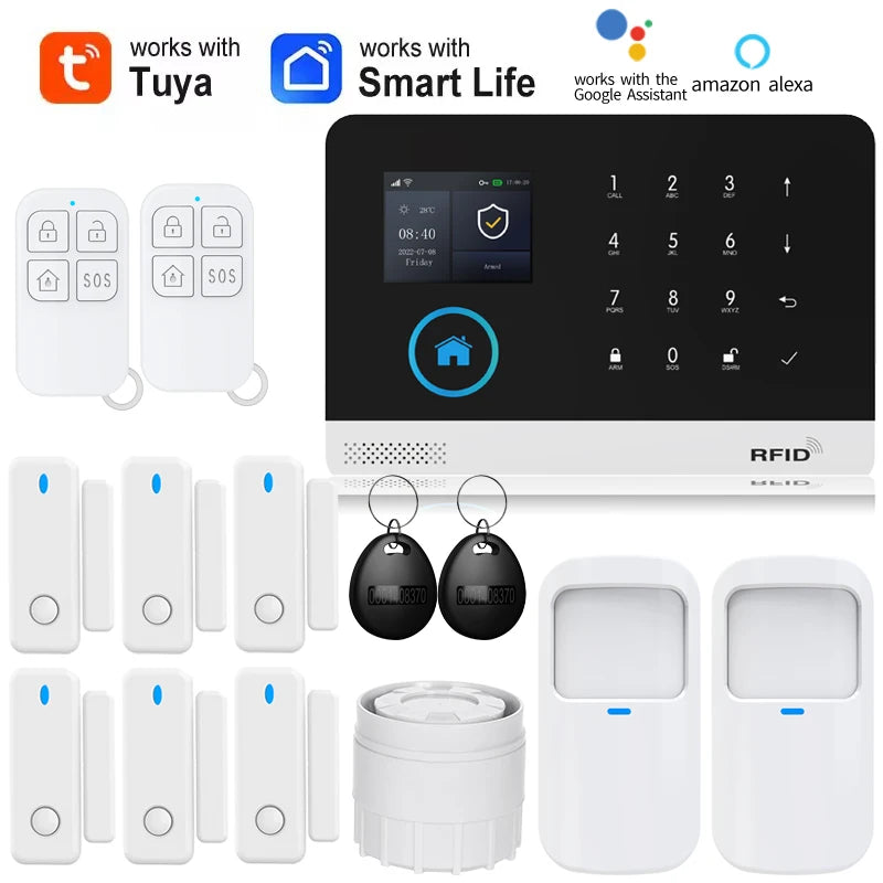White wireless home alarm system with touch control panel, remote key fobs, sensors, and RFID tags.
