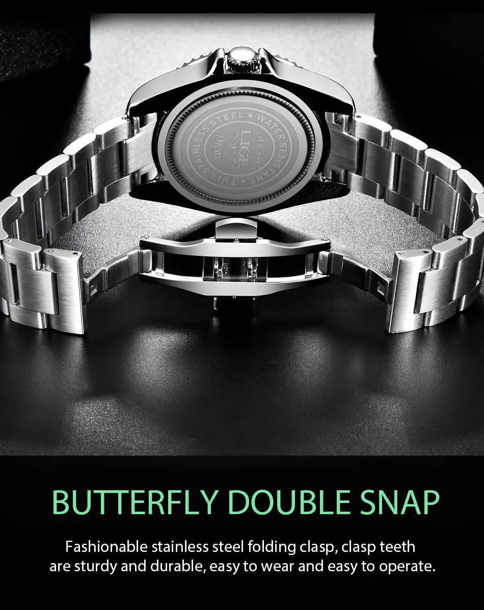 Silver stainless steel men’s quartz watch showing the back casing and secure butterfly folding clasp.