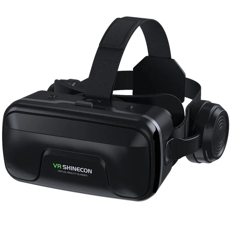 Black virtual reality headset with an adjustable strap and integrated side headphones on a plain white background.