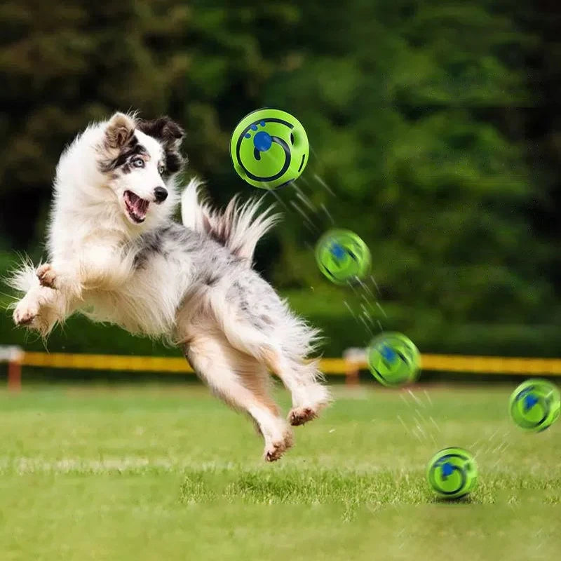 A dog happily jumping to catch a green, hollow interactive ball with blue paw-print details in a park.