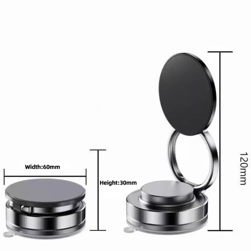 A round, silver-toned phone ring holder and magnetic mount with a black surface, shown folded and extended.