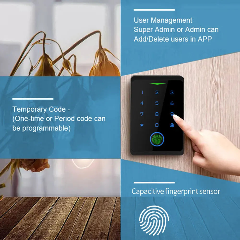 Black electronic door keypad with a fingerprint sensor, touchscreen number pad, and app connectivity.
