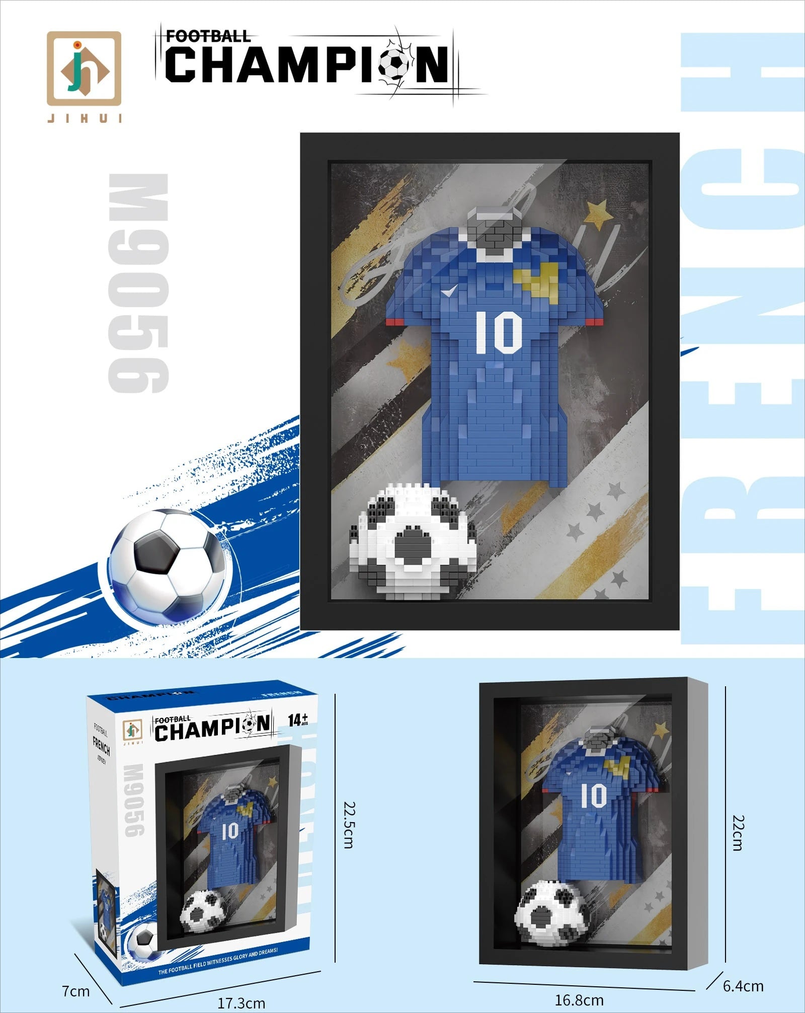 Framed building brick set featuring a blue number 10 football jersey and a ball in a display case.