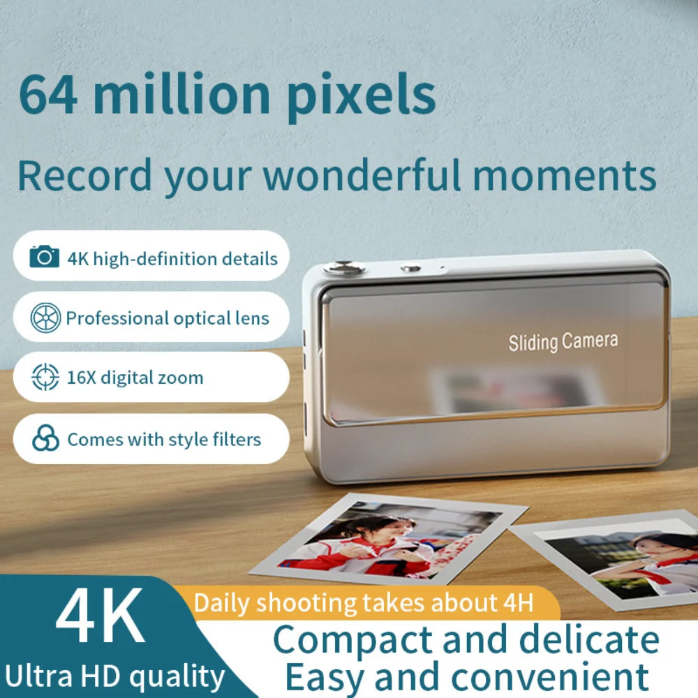A sleek silver digital camera with a sliding cover, 64MP resolution, 4K video, 16X zoom, and photo printouts.