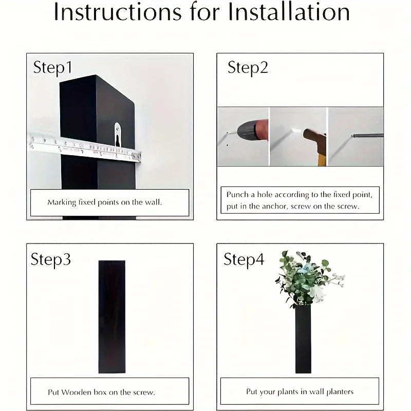 Installation guide for a sleek, black wall-mounted wooden vase, showing four simple steps for mounting and display.