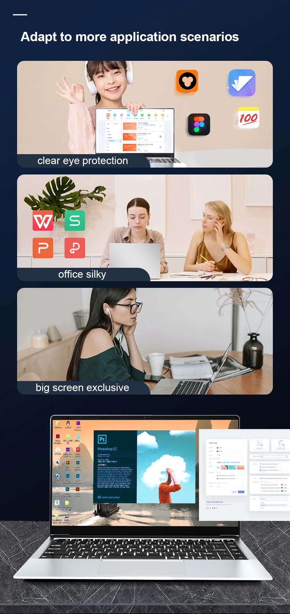 Slim 14.1-inch silver laptop with Windows 11, shown in professional, study, and creative settings.