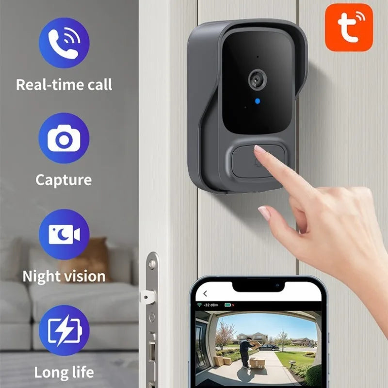 Grey smart wireless video doorbell with HD night vision, being pressed by a finger, with smartphone app preview.