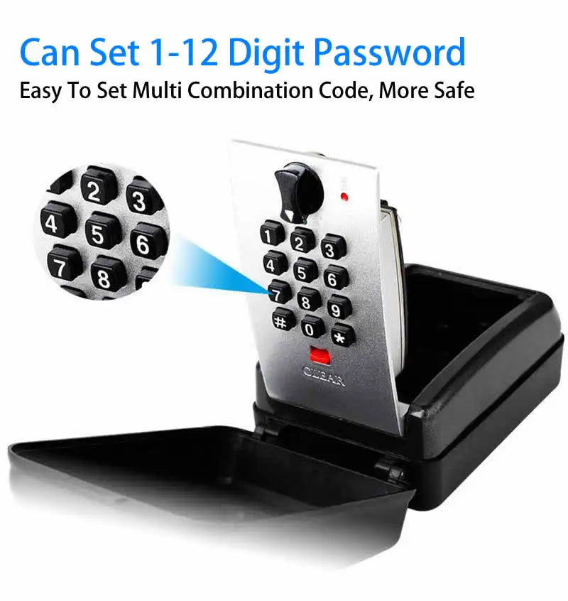 Silver and black wall-mounted metal key lock box with a digital push-button keypad and a hinged lid.