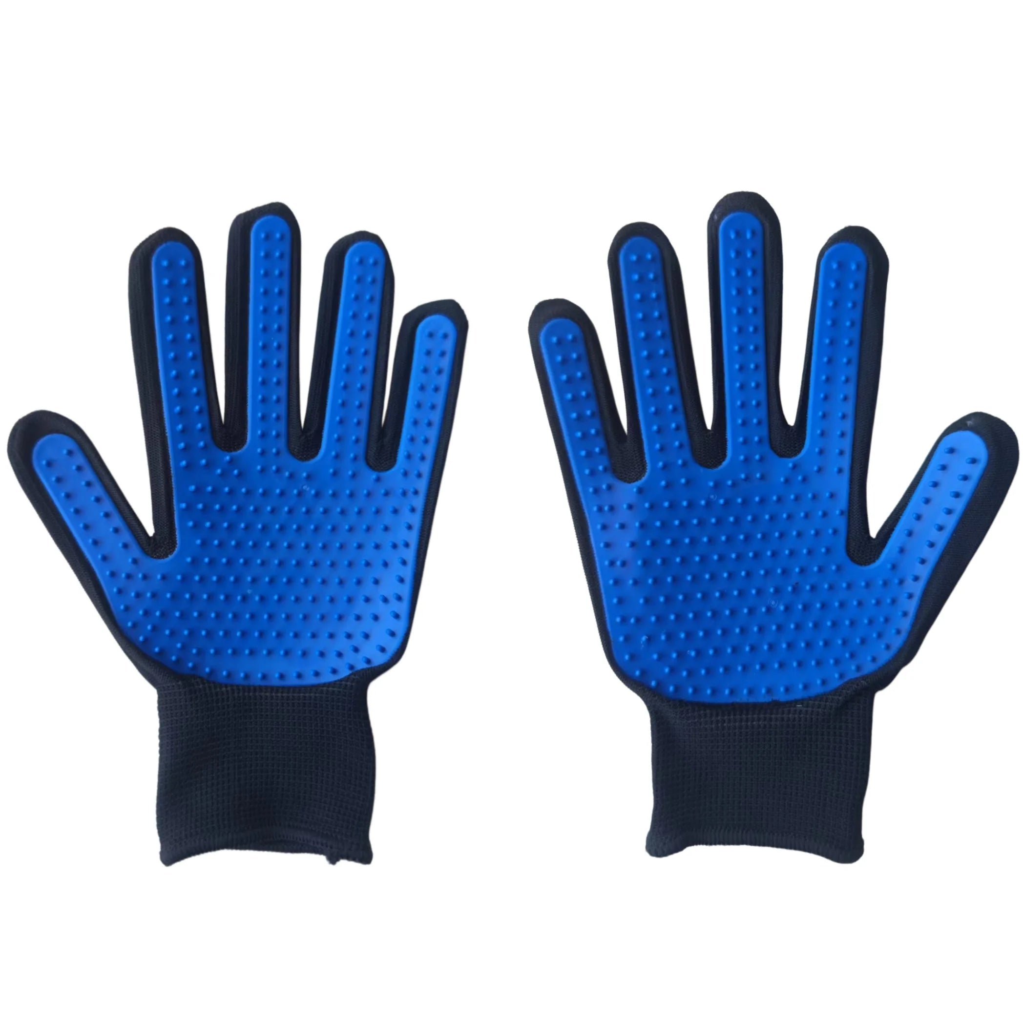 Pair of black and blue pet grooming gloves with rubber nubs on the palms for removing fur.