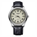 Men’s classic quartz watch with a textured cream dial, silver-tone case, and a black embossed leather strap.
