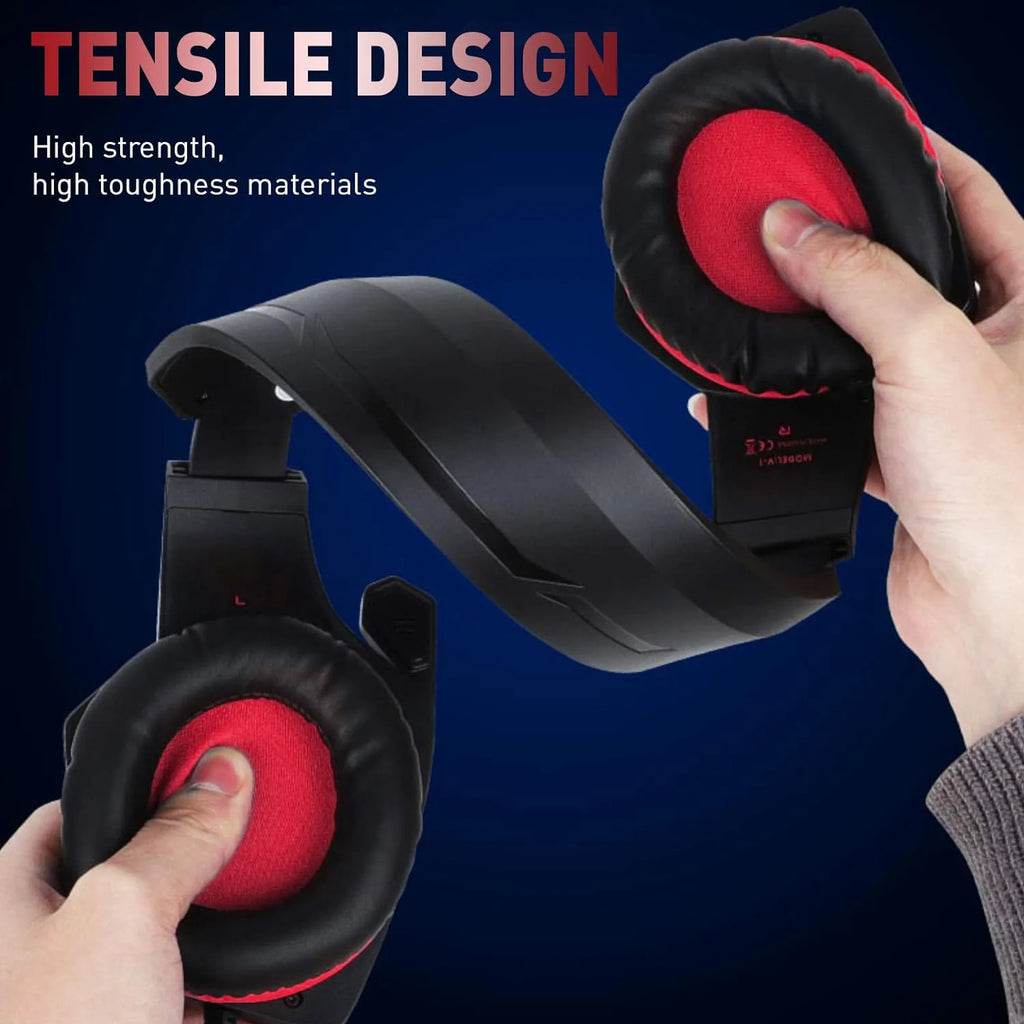 Durable black gaming headset with flexible, high-strength headband and comfortable red cushioned ear cups.