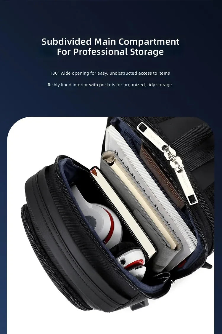 Black waterproof sling bag with a 180-degree wide-opening main compartment, featuring organised internal pockets.
