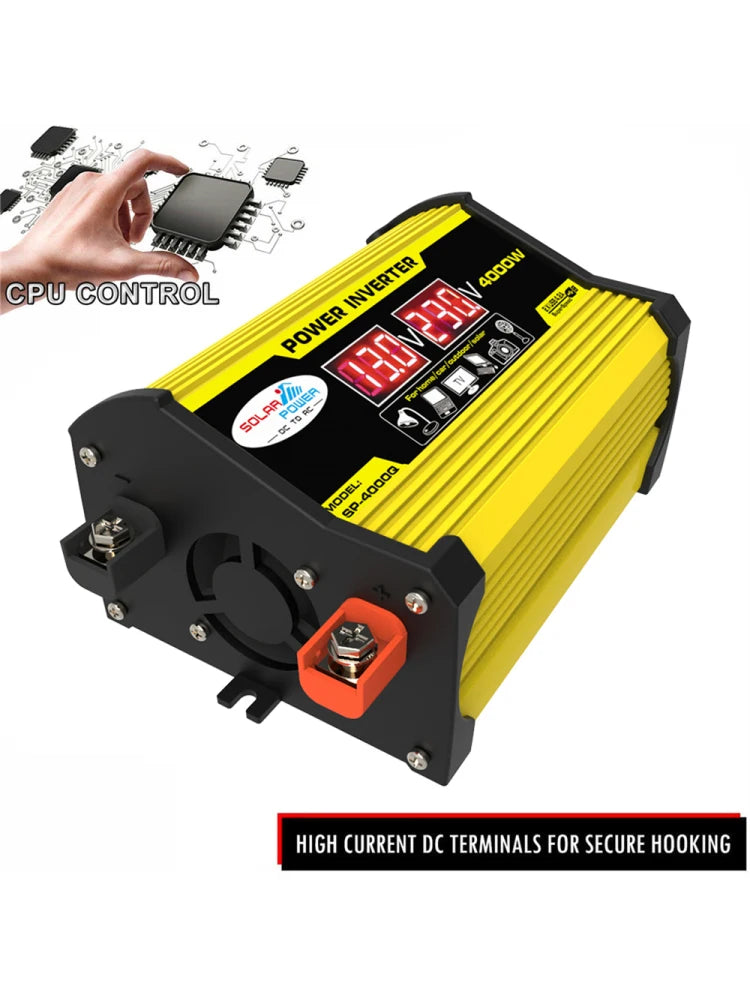 Yellow and black 4000W DC to AC power inverter with a digital voltage display and secure high-current terminals.