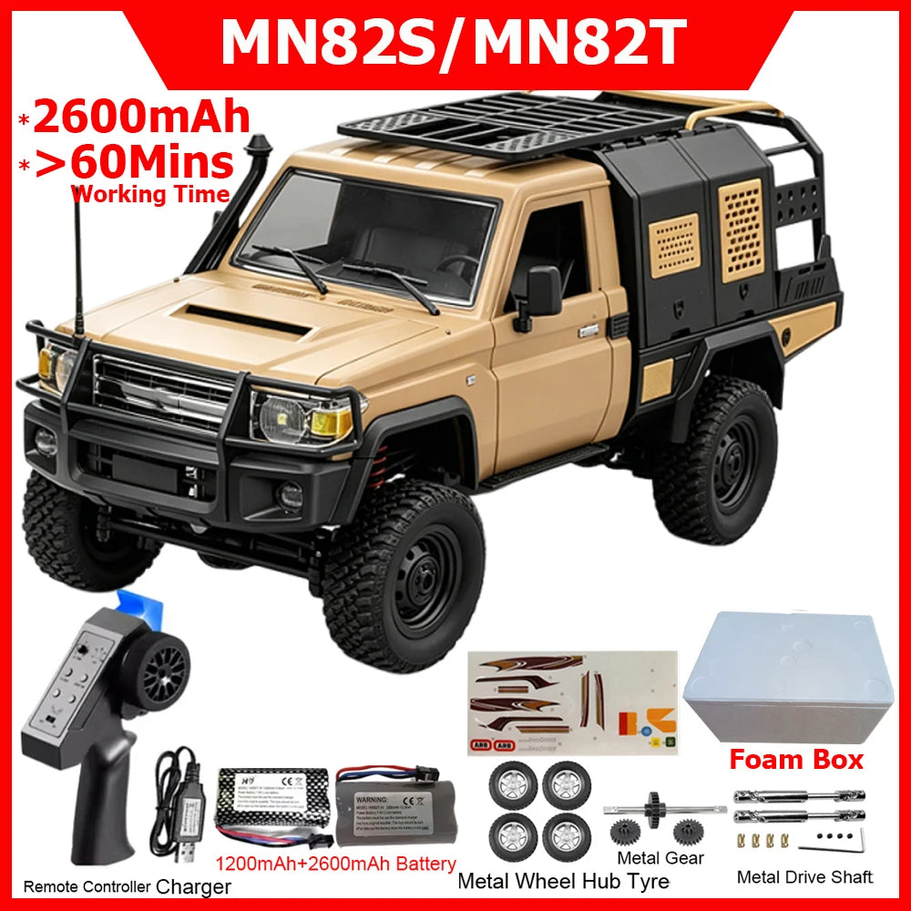 Tan 1/12 scale 4WD RC pickup truck with black roof rack, snorkel, off-road tires, remote, and accessories.