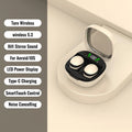 White wireless earbuds in a compact charging case with a digital LED battery display on a beige background.