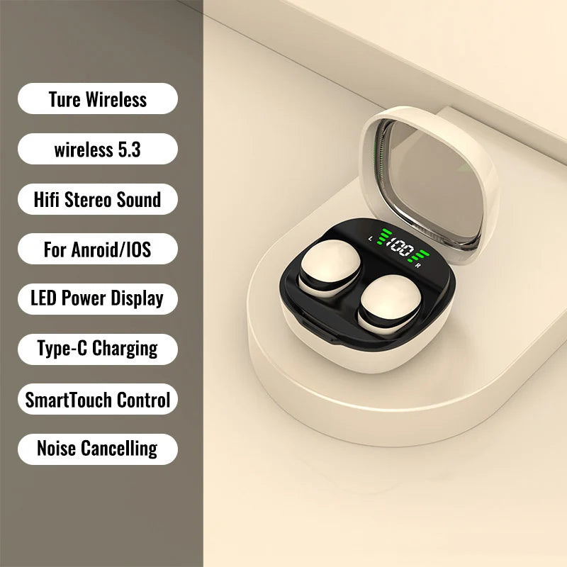 White wireless earbuds in a compact charging case with a digital LED battery display on a beige background.