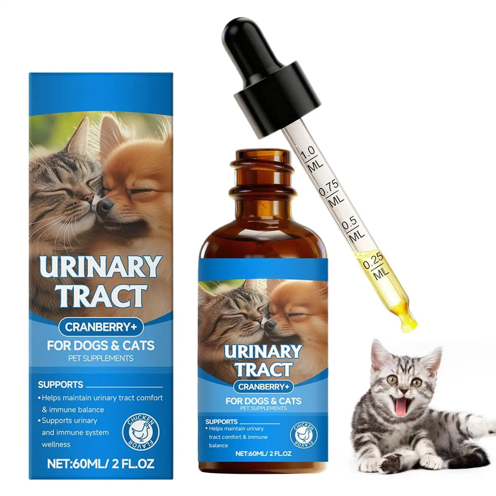 Urinary tract supplement for dogs and cats in a 60ml amber glass dropper bottle, featuring cranberry and chicken flavor.