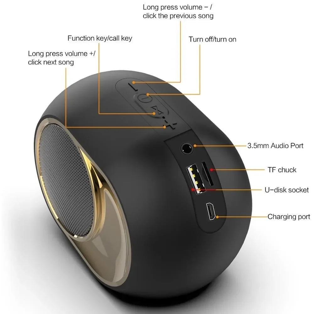 Small, portable black Bluetooth speaker with gold accents, showing control buttons and various input ports.