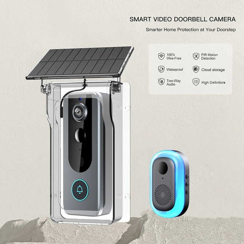Black smart video doorbell with a solar panel, protective clear case, and a compact indoor chime unit.