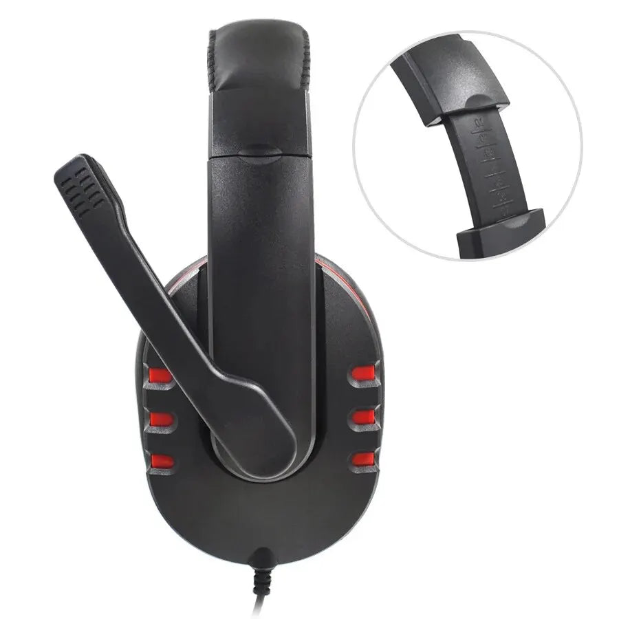 Black gaming headset with a microphone, adjustable headband and red accent details.