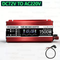 Red 1500W pure sine wave solar power inverter with digital display showing DC/AC voltage and included cable.