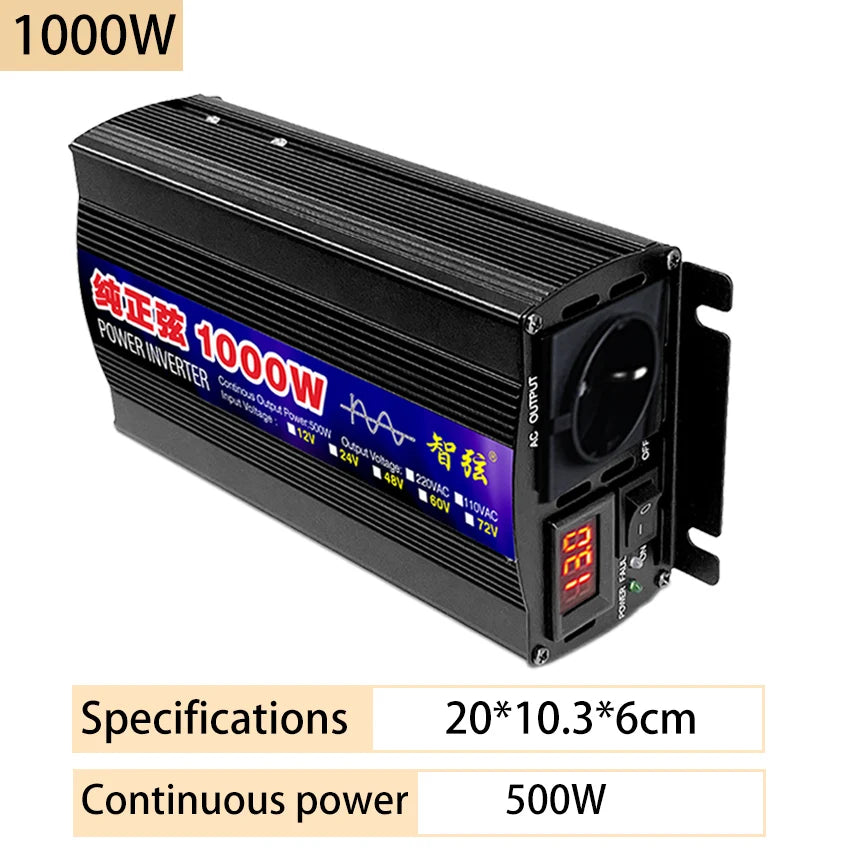 Black 1000W power inverter with a ribbed metal casing, AC output socket, and a digital LED voltage display.