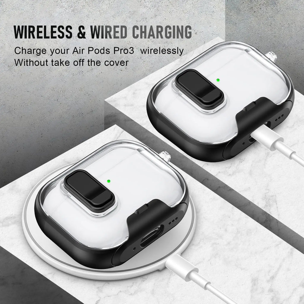 Clear and black protective case for AirPods Pro, featuring a secure latch design for wireless and wired charging.