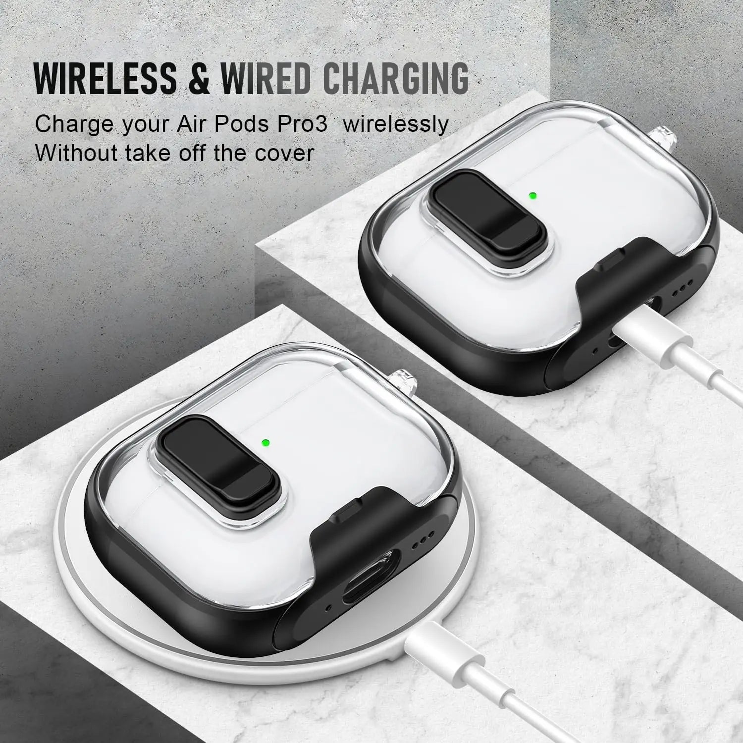 Clear and black protective case for AirPods Pro 3, supporting both wireless and wired charging.