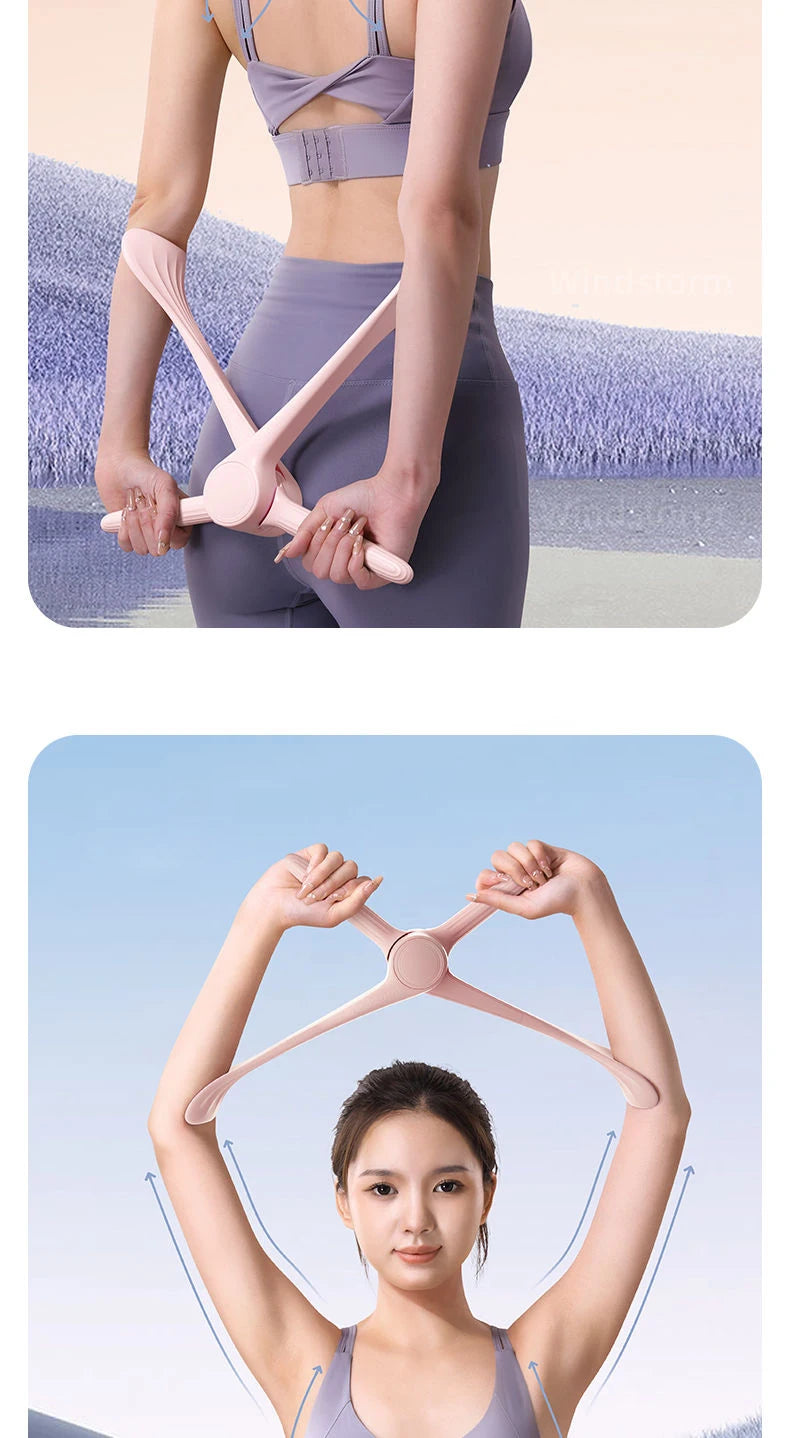 A woman using a pale pink, Y-shaped fitness tool to tone her arms and back in different yoga poses.