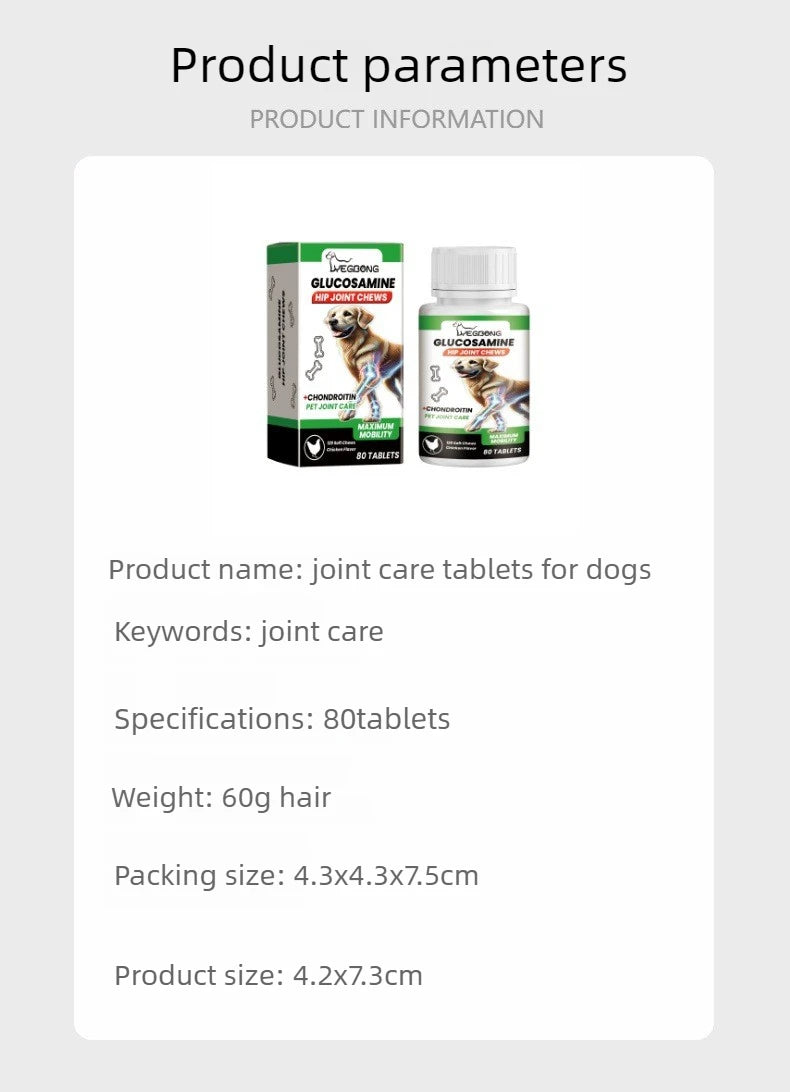 Dog joint care tablets with glucosamine and chondroitin, featuring a bottle and box packaging with a dog illustration.