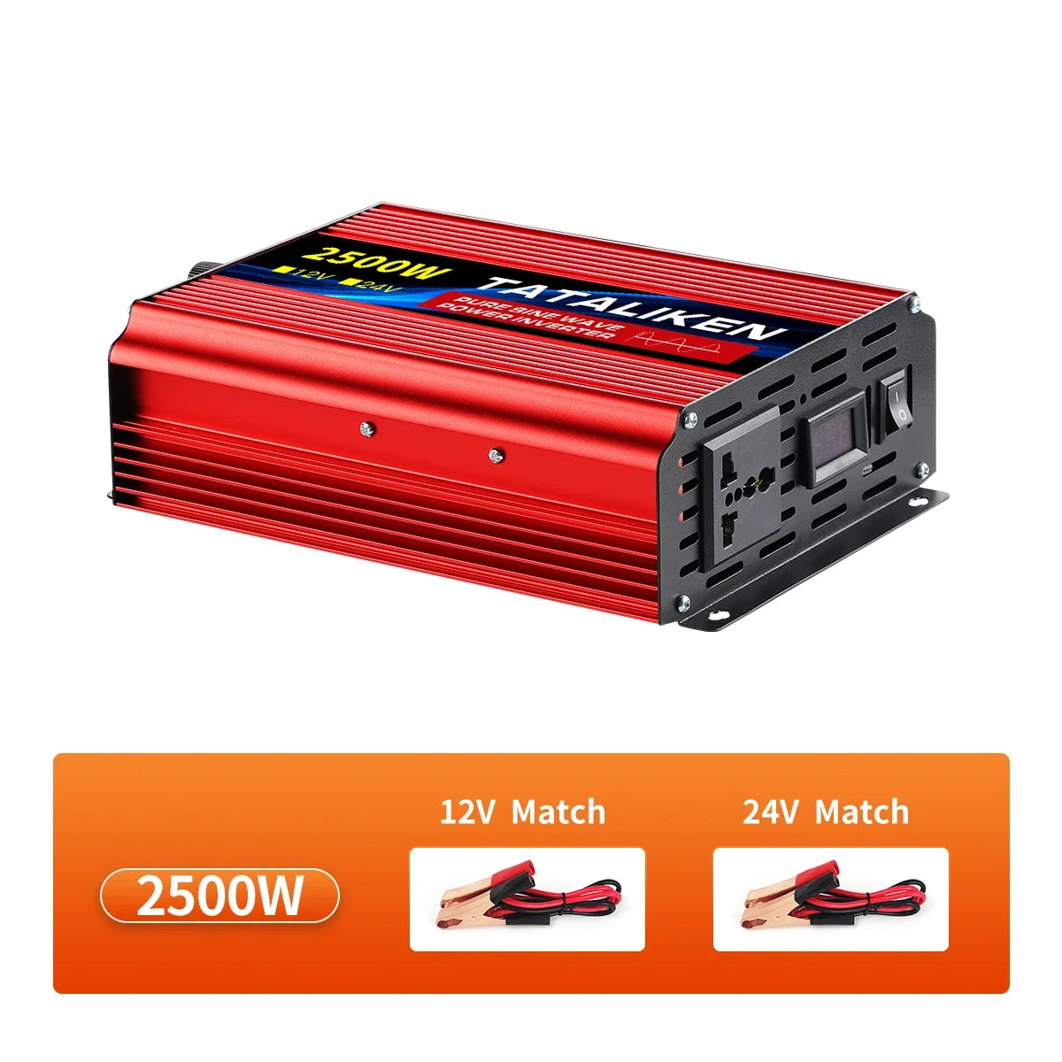 Red 2500W pure sine wave power inverter with a digital display, plug socket, and 12V/24V battery cable attachments.