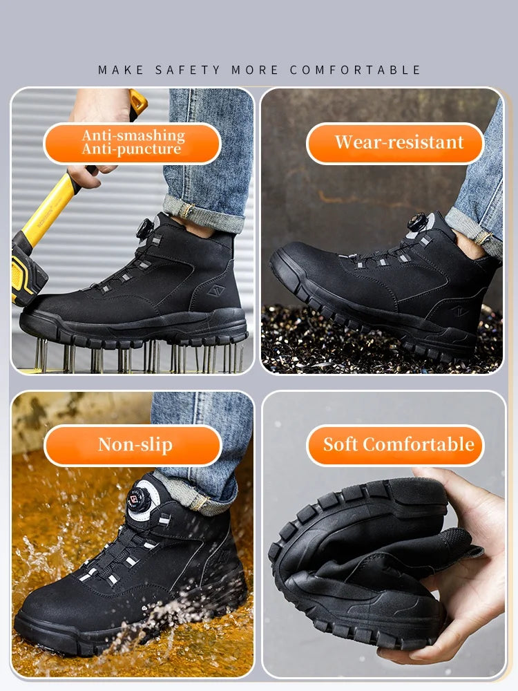 Black waterproof safety boots with rotating lace buttons, anti-smash toes, and flexible, non-slip soles.