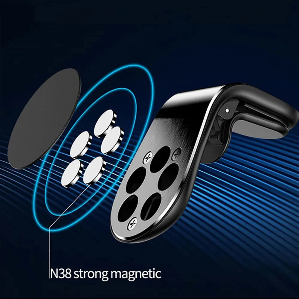 Black magnetic car air vent phone mount with a sleek metallic design and strong internal magnets.